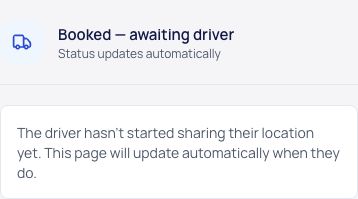 PayAVan’s booked delivery status, waiting for the driver to share their location